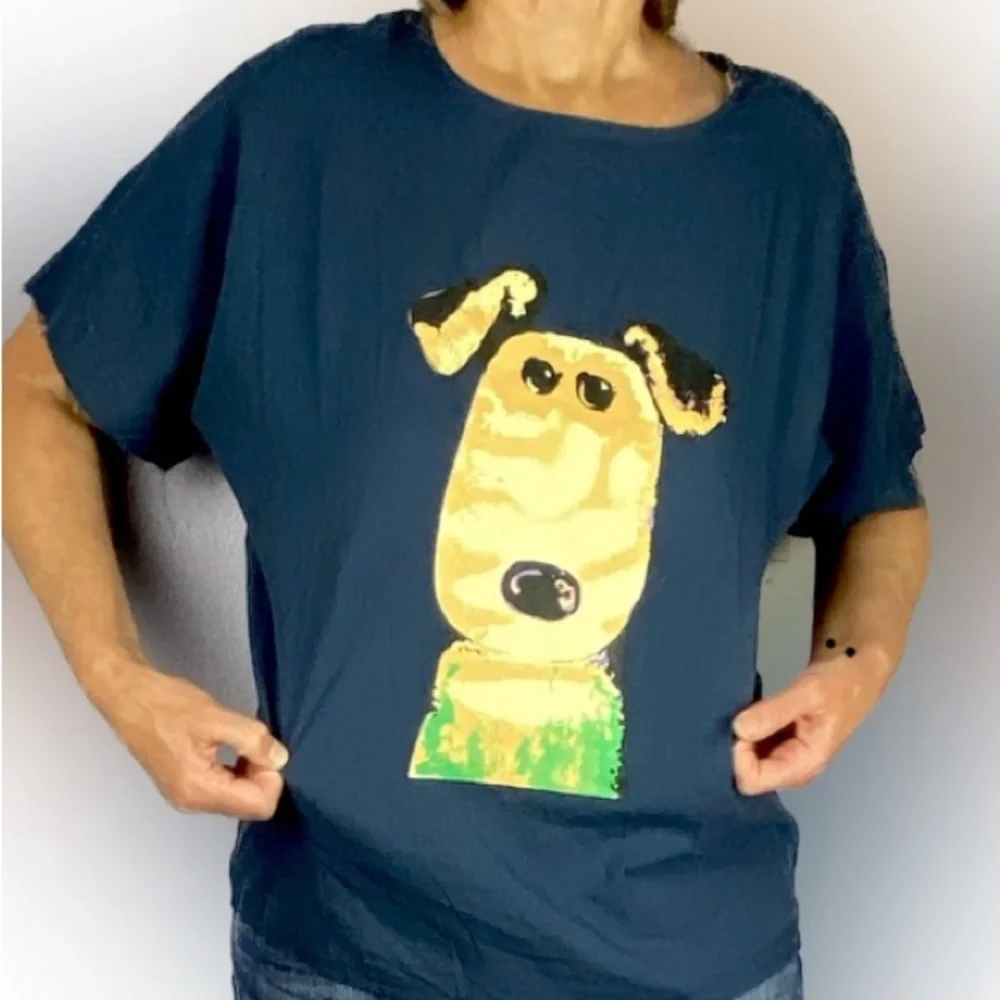 NWOT Cotton Dog scrub shirt puppy cartoon dog graphic raw hem sleeves popover